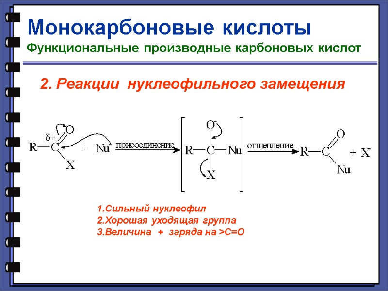 Монокарбоновые кислоты Функциональные производные карбоновых кислот 2. Реакции  нуклеофильного замещения  1.Сильный нуклеофил